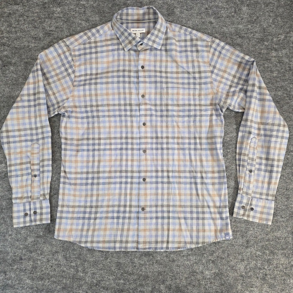 Peter Millar Crown Sport Shirt Men Medium Blue Tan Plaid Long Sleeve Button Down
